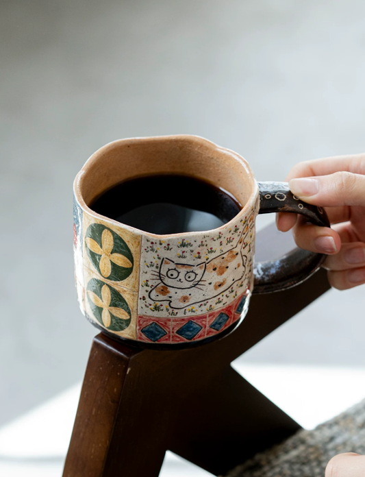 Lazy Calico Cat Hand-painted Coffee Mug