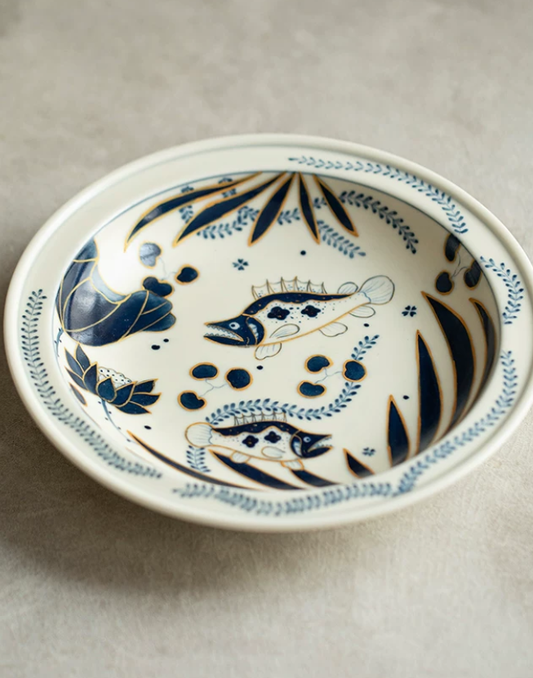 Gilded Blue-and-White Fish Pattern Tea Tray