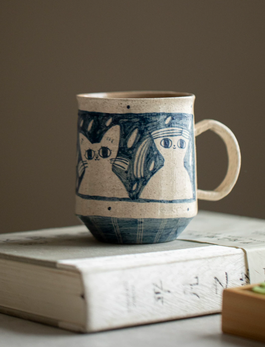 Blue-and-White Cat Minimalist Ceramic Mug